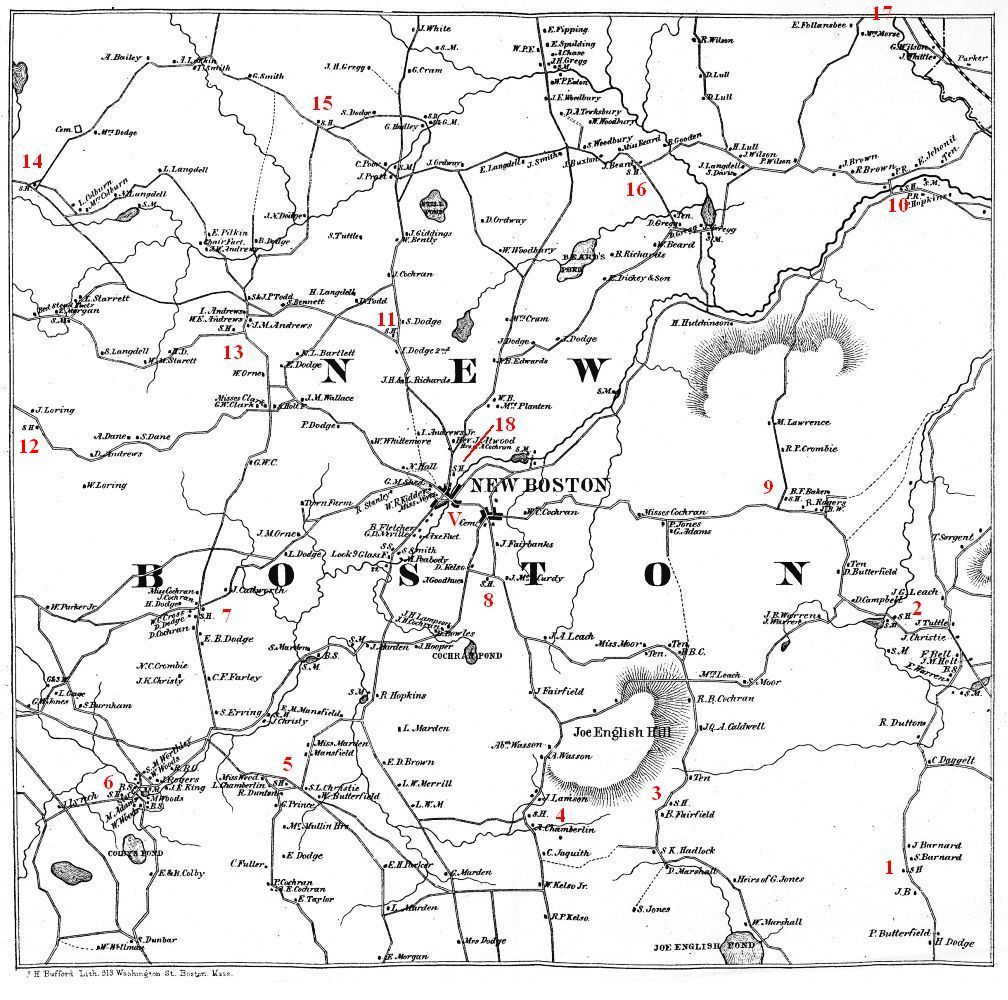 New Boston map 1858 showing schoolhouse locations